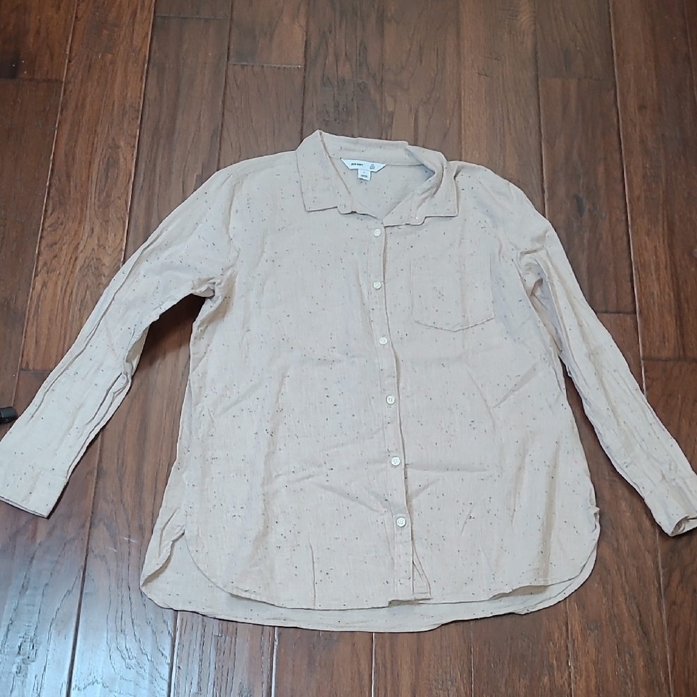 Old Navy Khaki Button-Up The Tunic Shirt with Colorful Textured Specs size XL